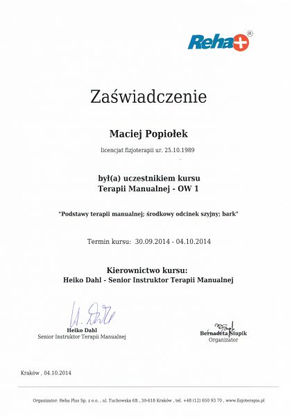 Maciej Popiołek fizjoterapeuta Kraków MASANA multifizjo