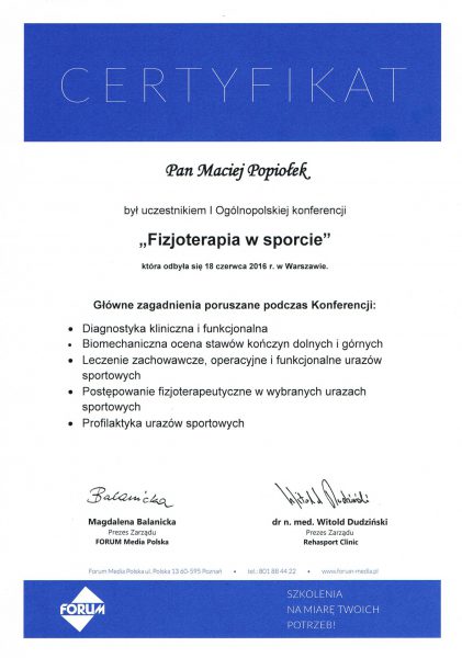 Multifizjo Maciej Popiołek Fizjoterapia Kraków Certyfikat